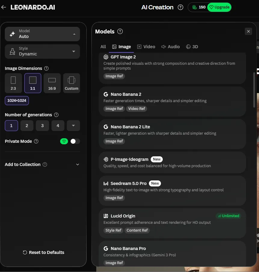 Model selector in the Leonardo AI dashboard: All, Image, Video, Audio, and 3D tabs, and below them a list of image generation engines - GPT Image 2, Nano Banana 2, Nano Banana 2 Lite, P-Image-Ideogram, Seedream 5.0 Pro, Lucid Origin labeled Unlimited, and Nano Banana Pro, on the left a settings panel with model selection, style, aspect ratio, and private mode