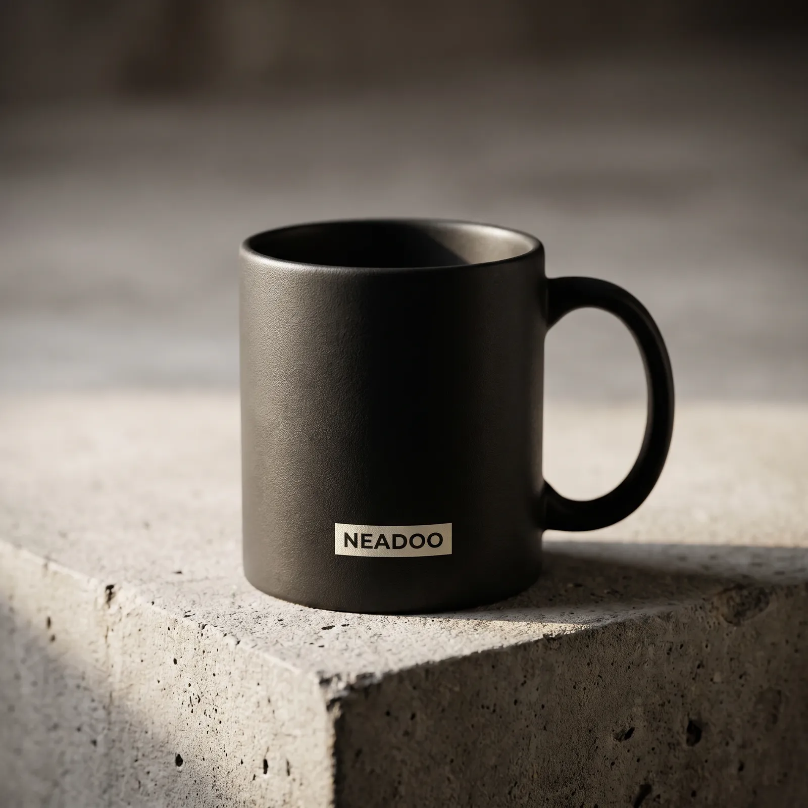 Matte black ceramic mug generated by Nano Banana Pro: rectangular white label with the inscription NEADOO, harsh side lighting, concrete edge with visible aggregate