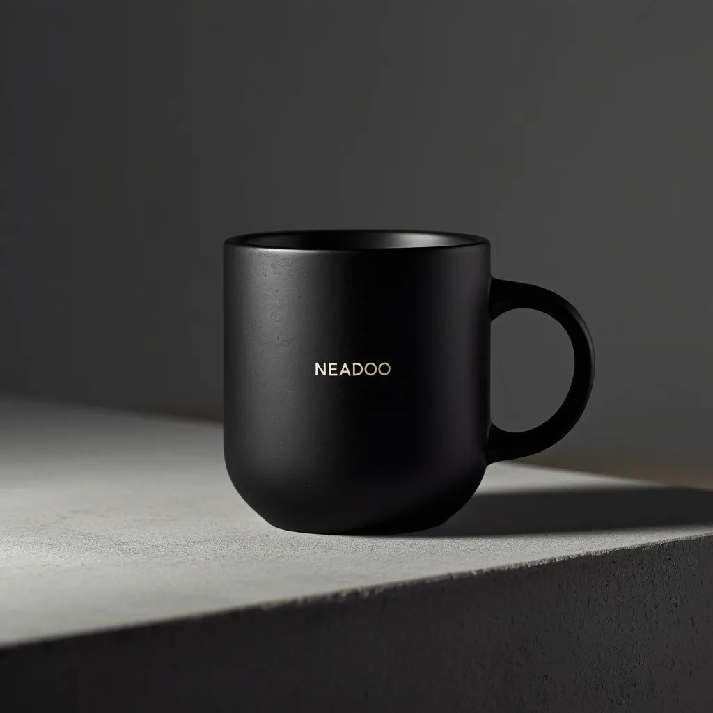 Matte black ceramic mug generated by Lucid Origin: gold NEADOO lettering printed directly onto the ceramic, dark studio background, concrete pedestal