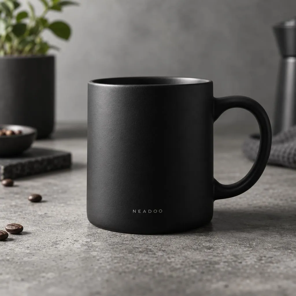 Matte black ceramic mug generated by GPT Image 2.5: kitchen setting with a plant, coffee beans, and moka pot in the background, small NEADOO lettering on the side of the mug