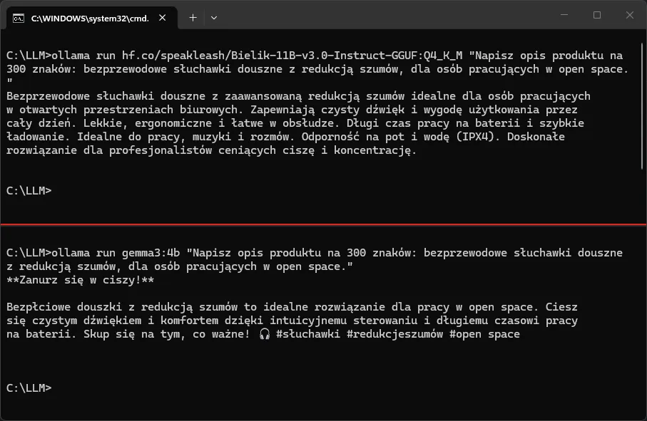 Screenshot from Windows console split into two panels: top panel shows ollama run command with Bielik 11B v3.0 Instruct Q4_K_M model and its response, bottom panel shows the same command run by gemma3:4b with its response containing the error Bezplciowe douszki
