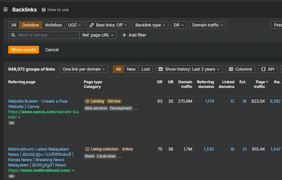 Backlink report in Ahrefs with a filter by link type