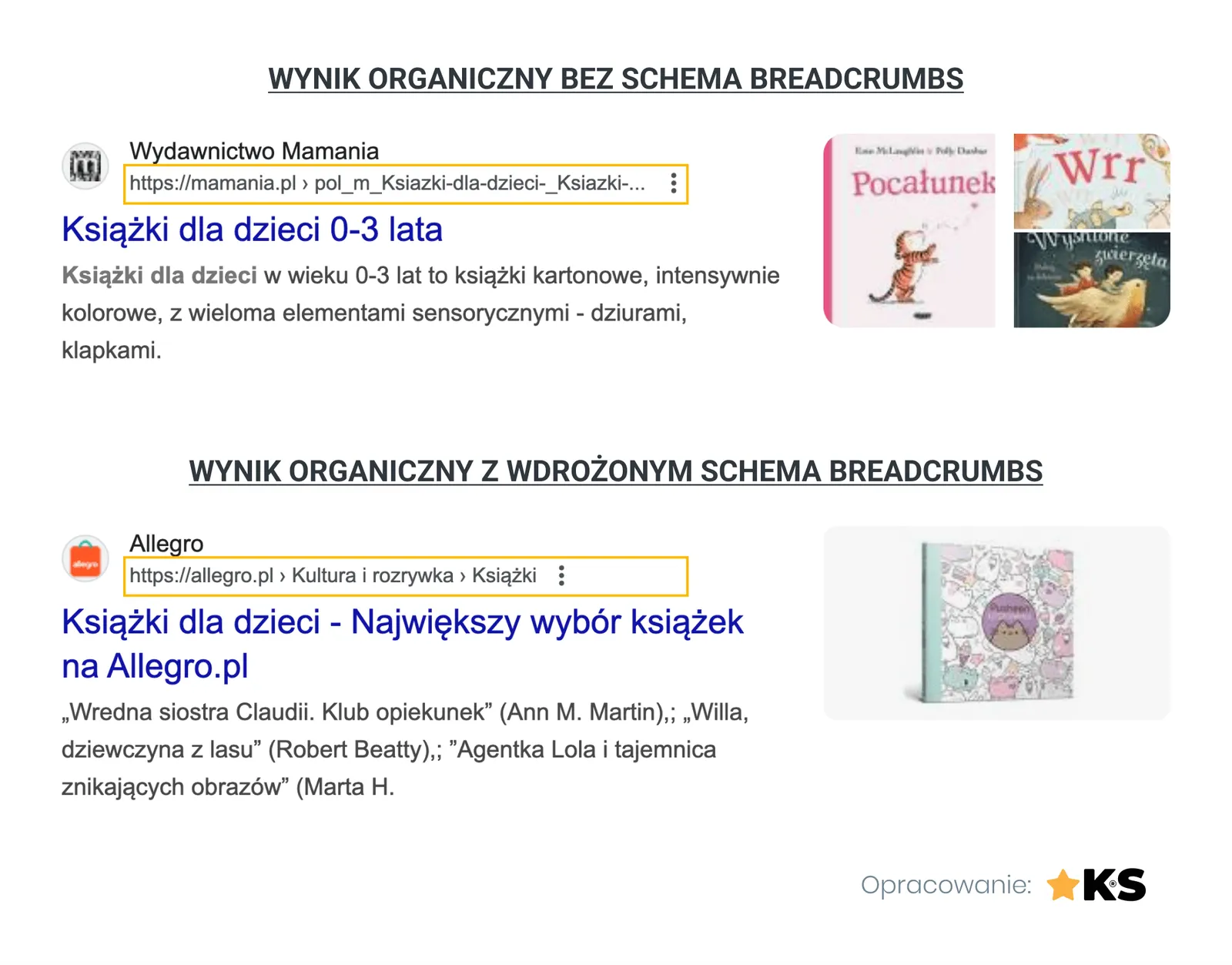 Search result with and without Breadcrumbs schema