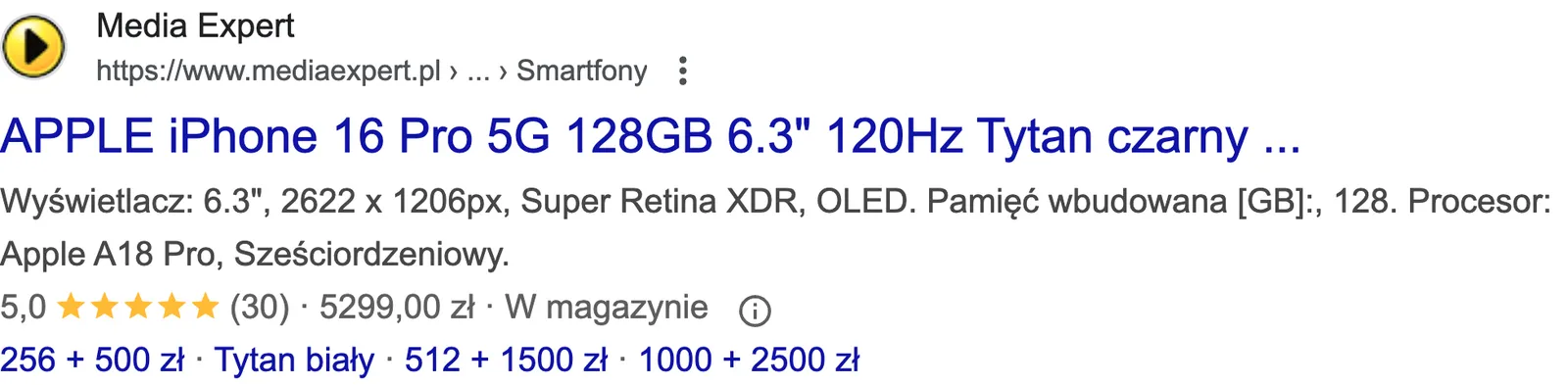 Rich result showing price, rating, stock availability, and additional links
