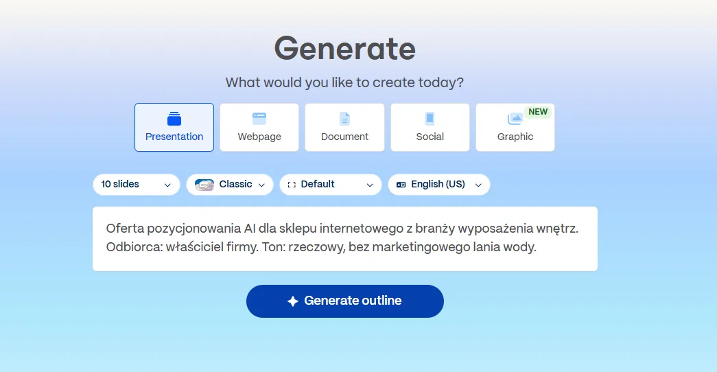 Screenshot of the Gamma start screen: five format tiles to choose from (Presentation, Webpage, Document, Social, and Graphic marked as new), below them selectors for slide count, style, layout, and language, and further down a prompt box with text entered in Polish and a Generate outline button