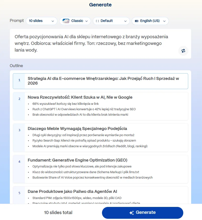 Screenshot of an outline generated by Gamma: a numbered list of cards with titles and bullet points in Polish, at the bottom a counter showing ten total slides and a Generate button