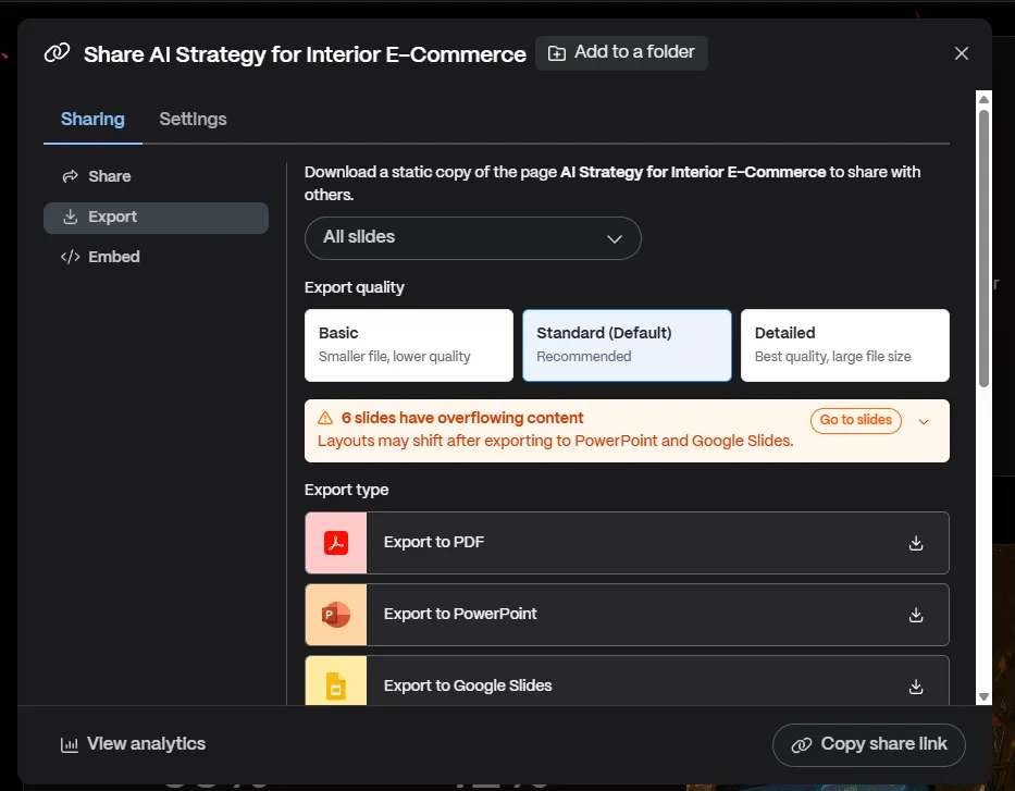 Screenshot of the export window in Gamma: slide range selection, three export quality levels (Basic, Standard, Detailed), an orange warning about six slides with overflowing content and possible layout shifts after export, followed by a list of formats: Export to PDF, Export to PowerPoint, and Export to Google Slides