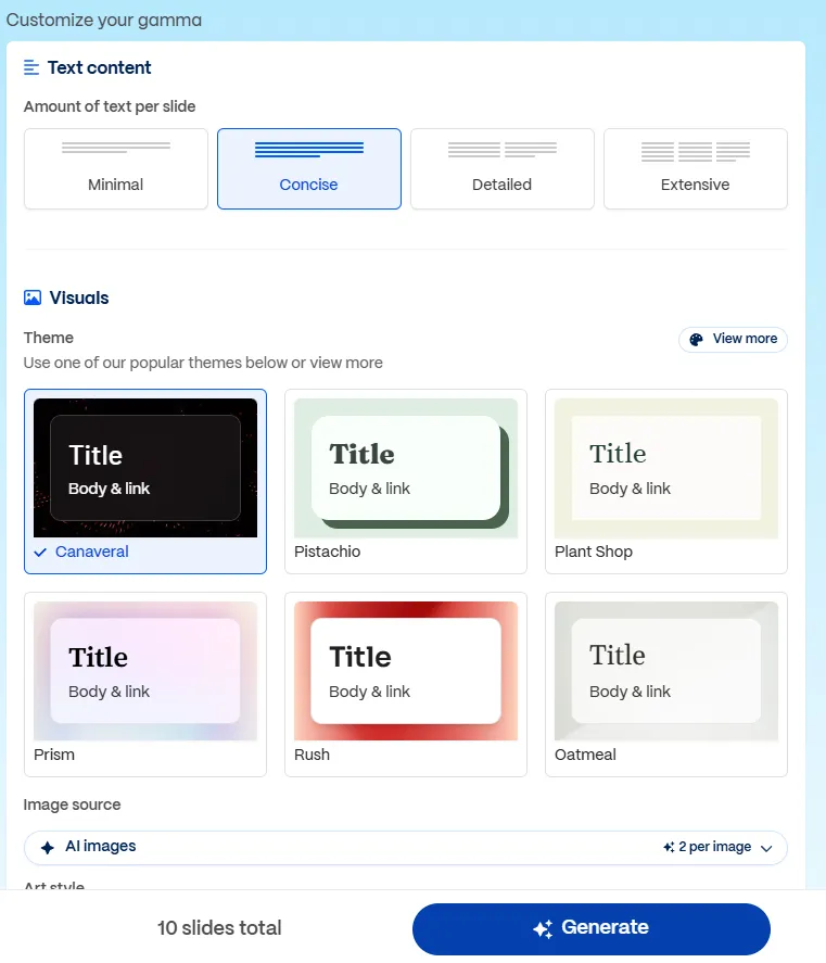 Screenshot of the Customize your gamma settings: text amount selection per slide from Minimal, Concise, Detailed, and Extensive options, a gallery of six visual themes with previews, and image source set to AI images with two images per card