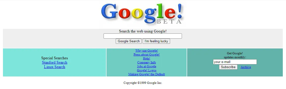 Archived Google Beta page with a search box and link directory