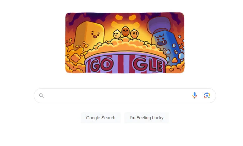 A newer Google homepage with a colourful Doodle, voice search and image search