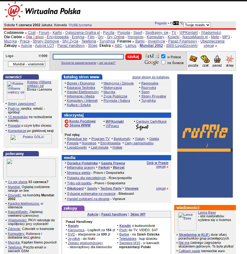 Archived Wirtualna Polska homepage with a multi-column link directory