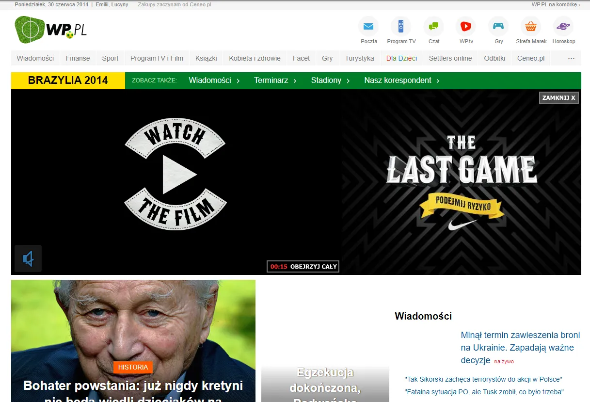 Wirtualna Polska homepage featuring a Brazil 2014 football campaign