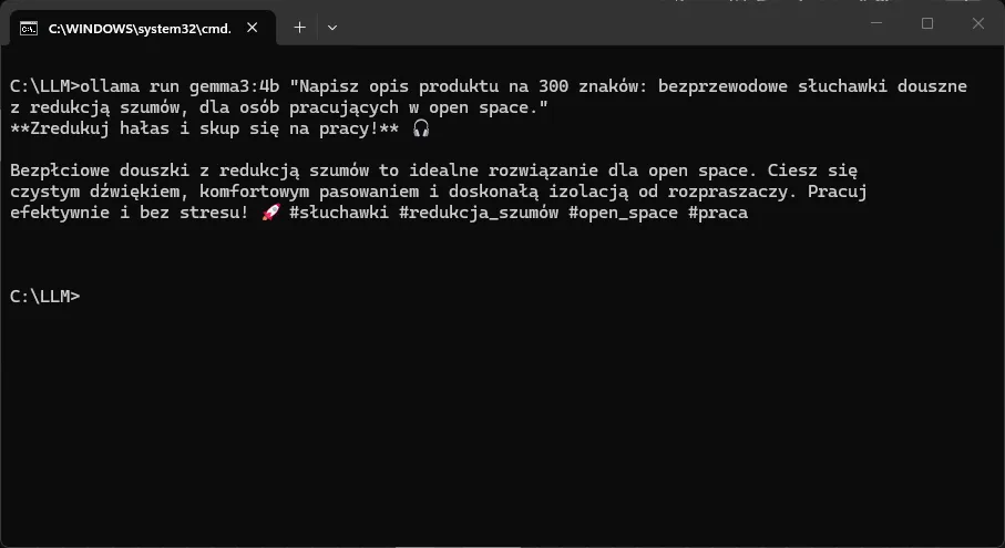 Screenshot from Windows console: ollama run gemma3:4b command with a question in Polish about quantization, the model response, and the output of the ollama list command showing sizes of downloaded models