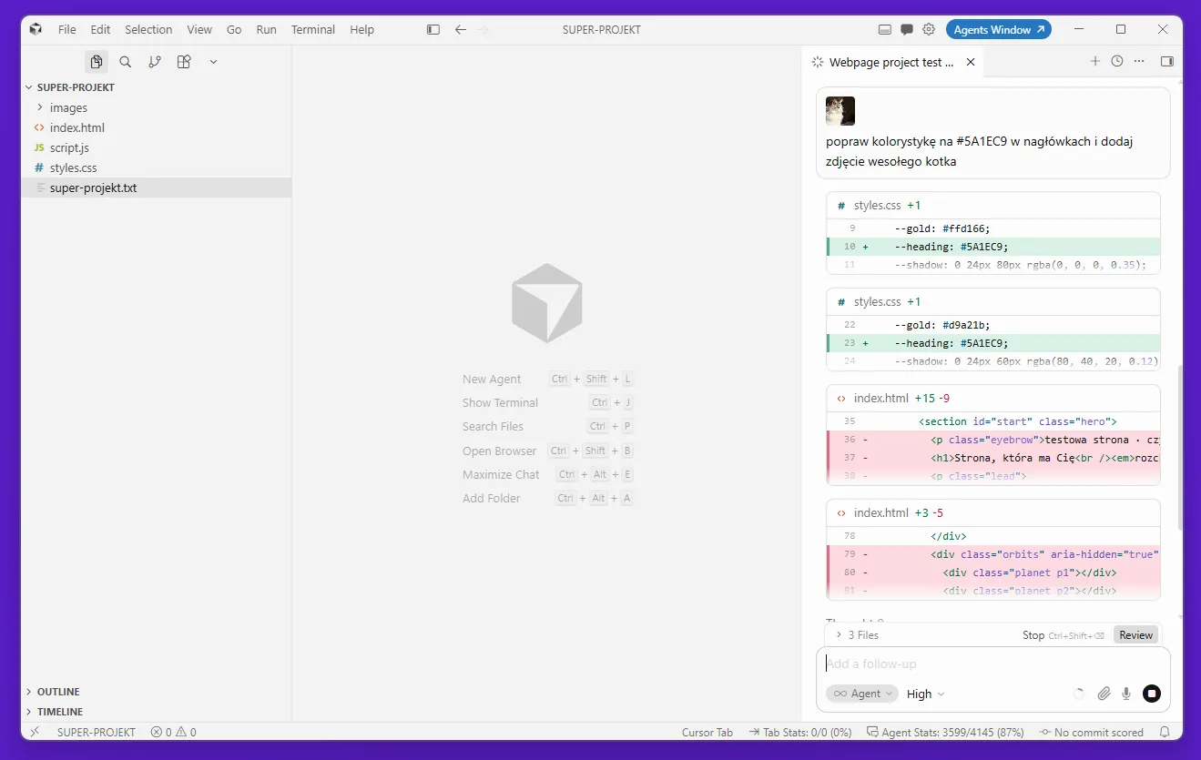 Cursor AI Composer - Diff view of multi-file code editing