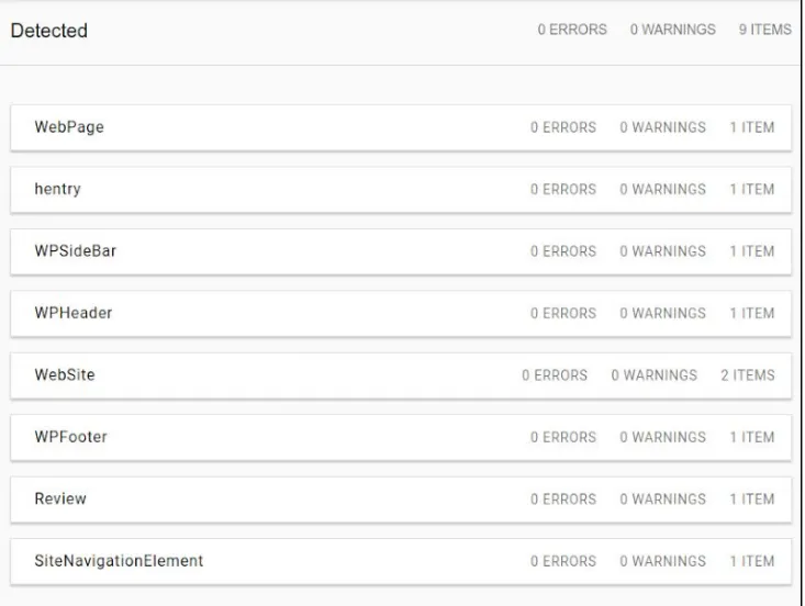Structured data test showing detected markup types with no errors or warnings