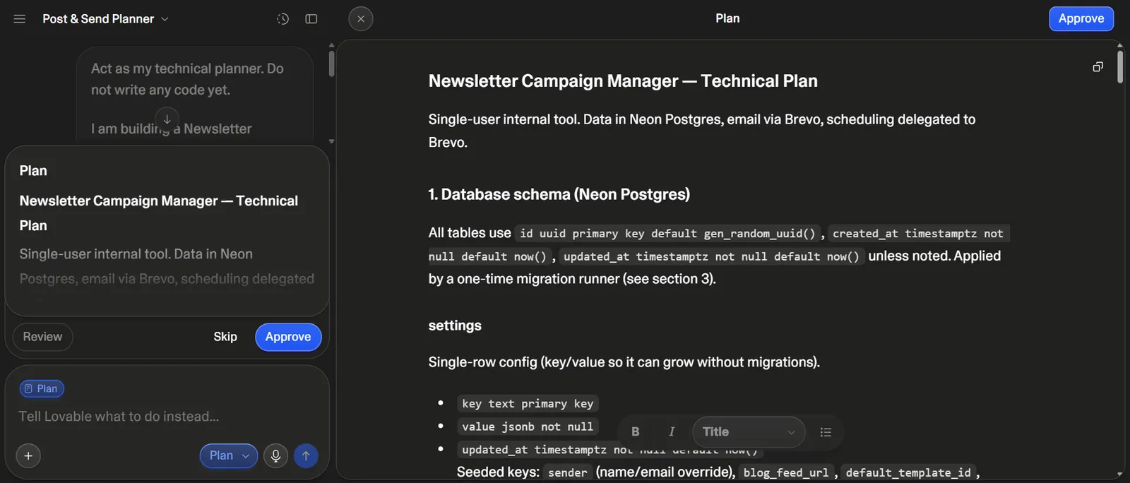 Chat mode returns a plan for approval before the first line of code is written. Discrepancies not visible in the prompt surface here: Lovable suggested a key-value settings table instead of a single row with columns. Plan view in Lovable with a technical application plan and Neon Postgres database schema