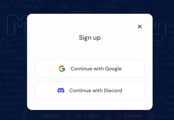 Midjourney sign-up screen with options to log in via Google or Discord