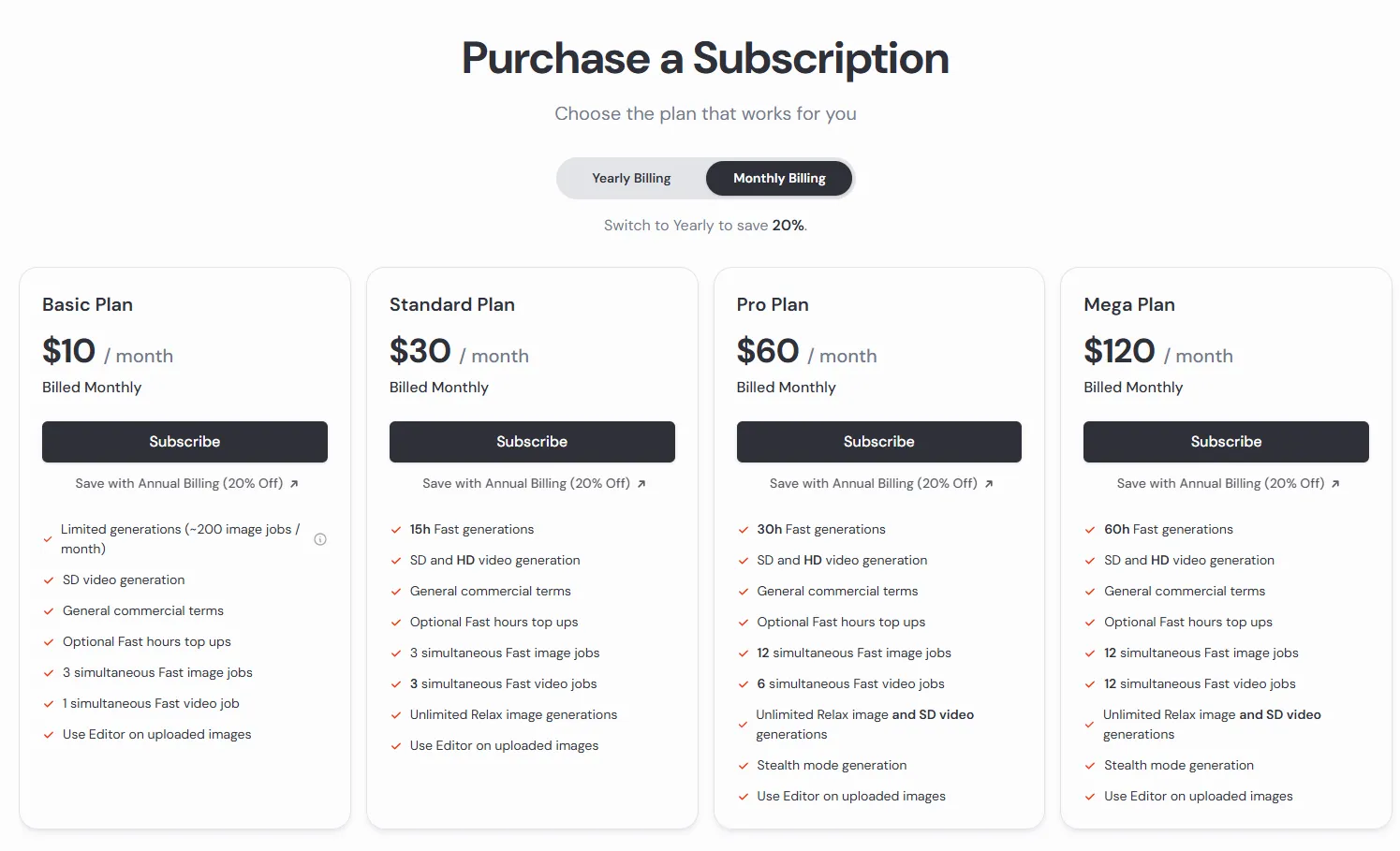 Midjourney pricing - Basic, Standard, Pro, and Mega monthly subscription plans