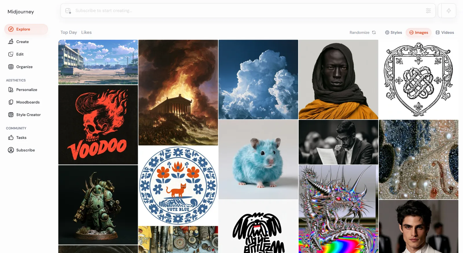 Midjourney interface - Explore tab with a gallery of AI images created by the community