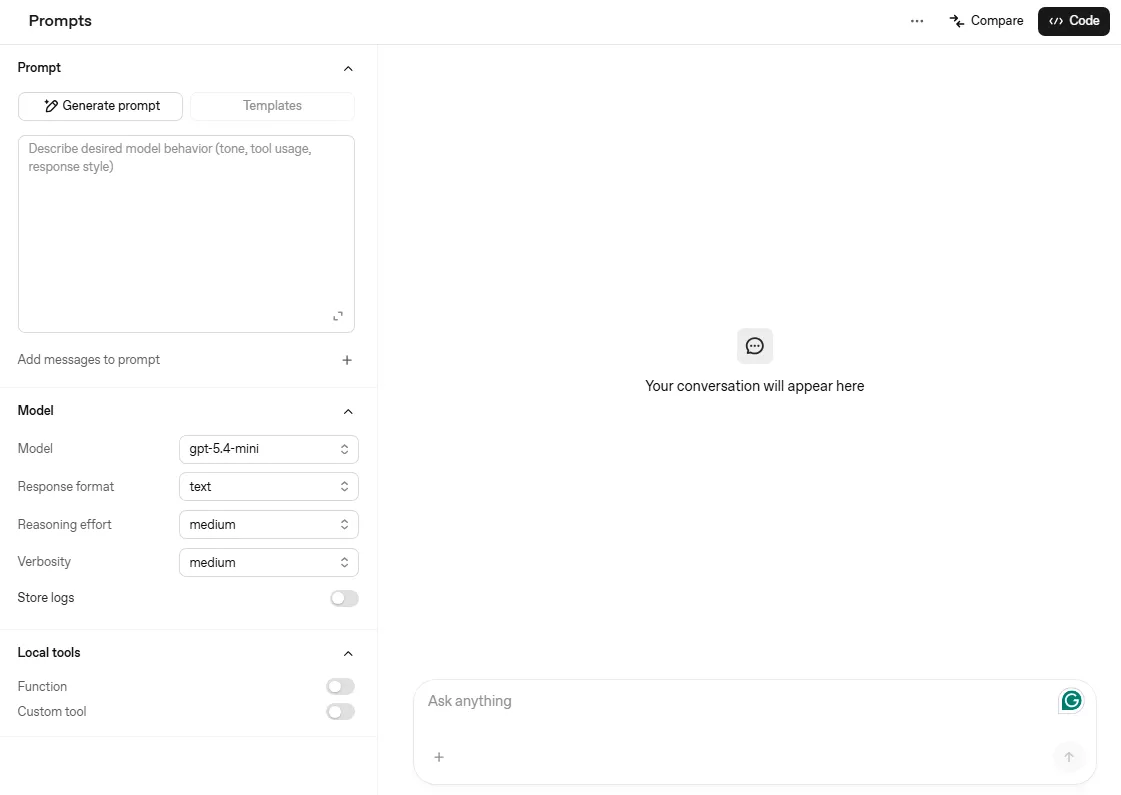 OpenAI Playground interface with the model settings panel on the left - model selection, response format, reasoning effort, and verbosity