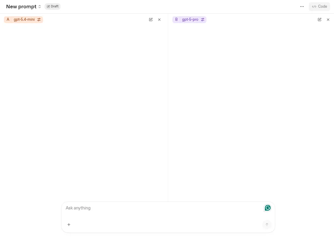 Compare mode in OpenAI Playground with two columns A and B set to different models, used to compare responses to the same prompt