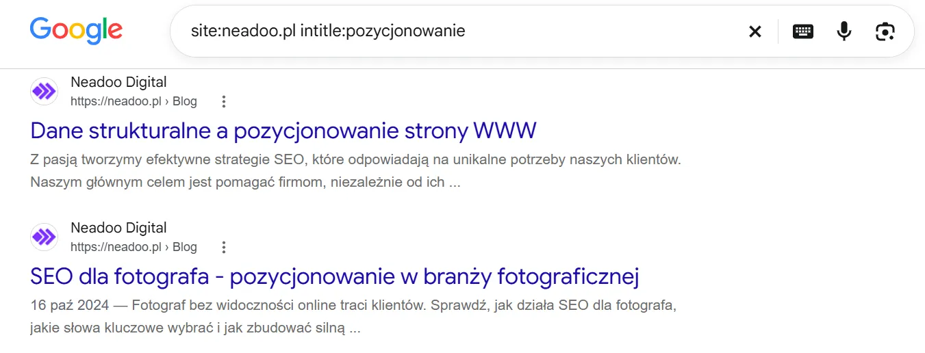 Google results for a query with site: and intitle:seo operators, two blog posts with the keyword in the title