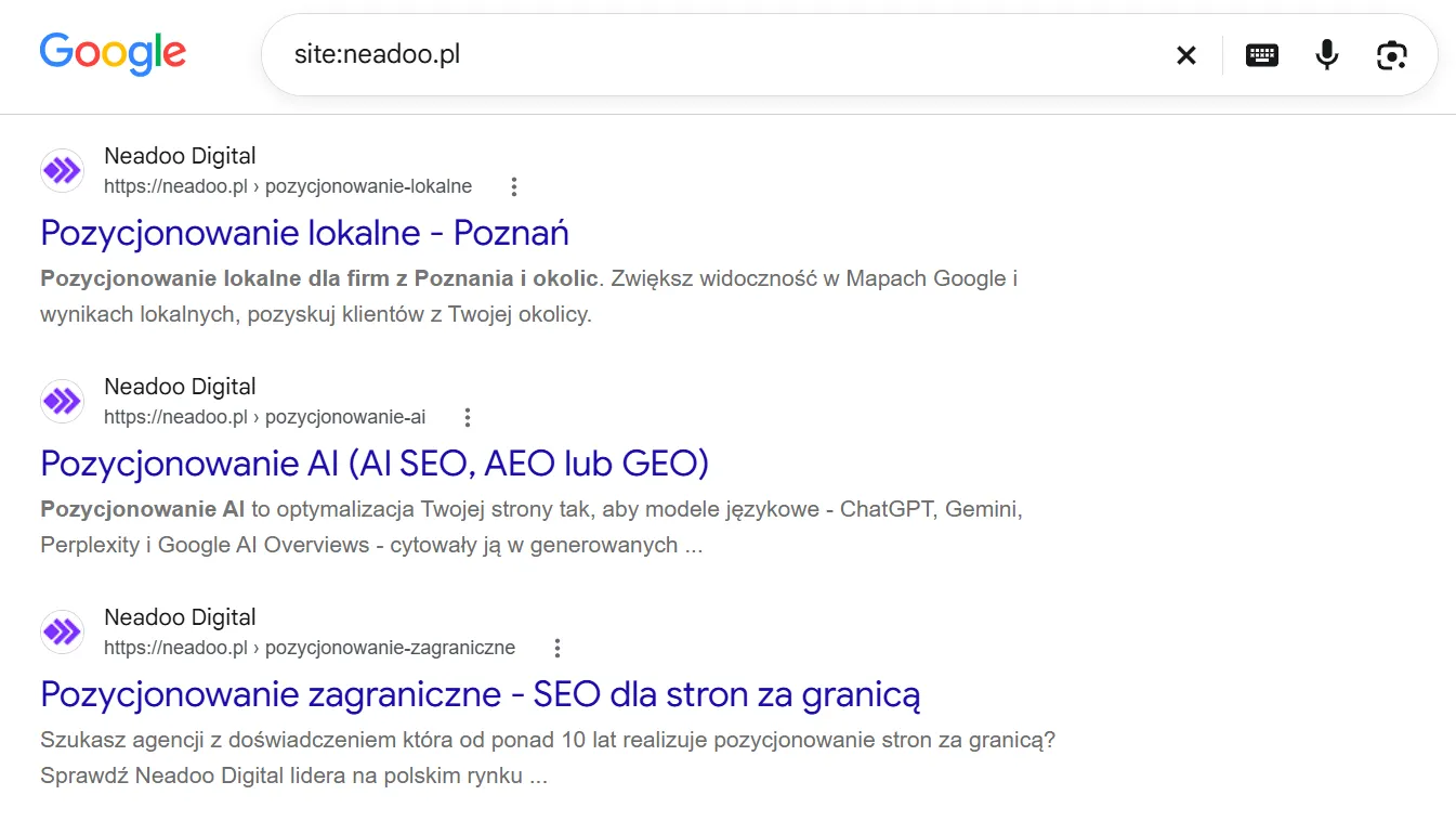 Google results for a query with the site: operator, list of indexed service subpages for a single domain
