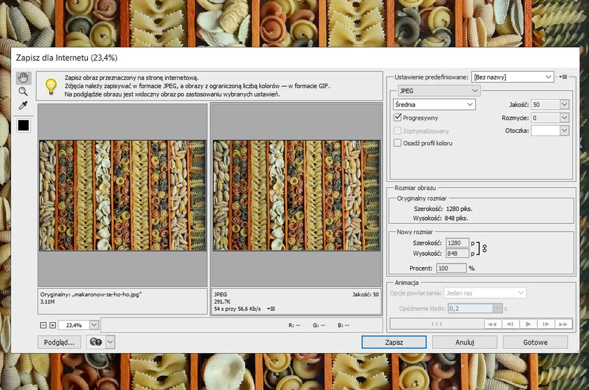 example of saving an image for the web in Adobe Photoshop