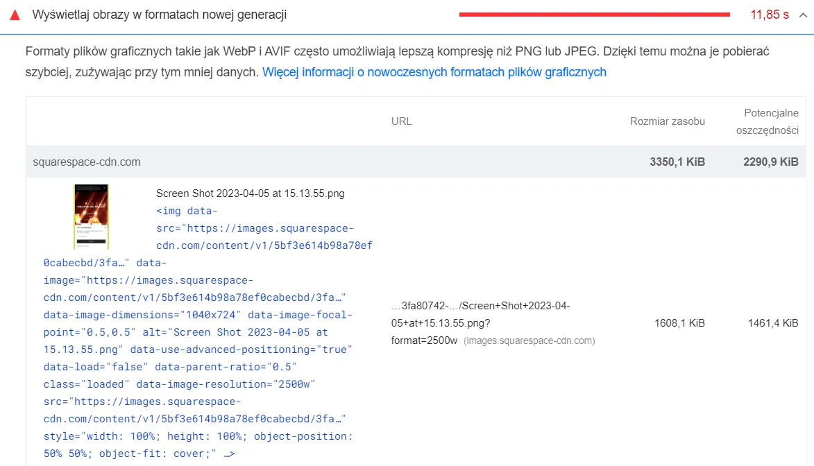 example of space savings shown in PageSpeed Insights