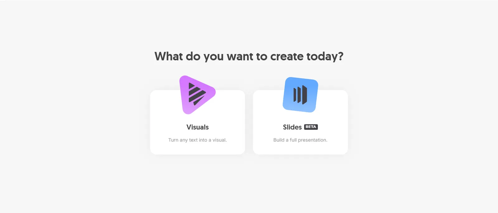 Napkin AI start screen with project type selection: single visual (Visuals) or full presentation (Slides, beta version). Source: Napkin AI panel (napkin.ai). Napkin AI start screen with project type selection: single visual (Visuals) or full presentation (Slides, beta version). Source: Napkin AI panel (napkin.ai).