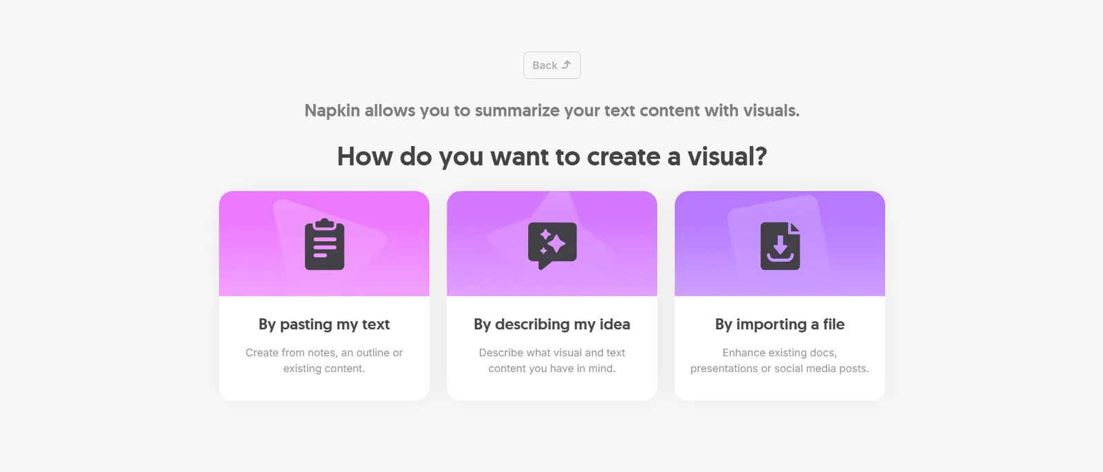 Three ways to input content in Napkin AI: paste text, describe an idea, and import a ready file. Source: Napkin AI panel (napkin.ai). Three ways to input content in Napkin AI: paste text, describe an idea, and import a ready file. Source: Napkin AI panel (napkin.ai).