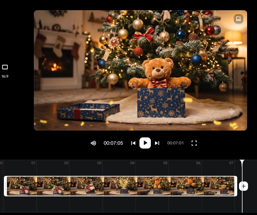 Preview of a generated video showing a gift under a Christmas tree, with an editing timeline