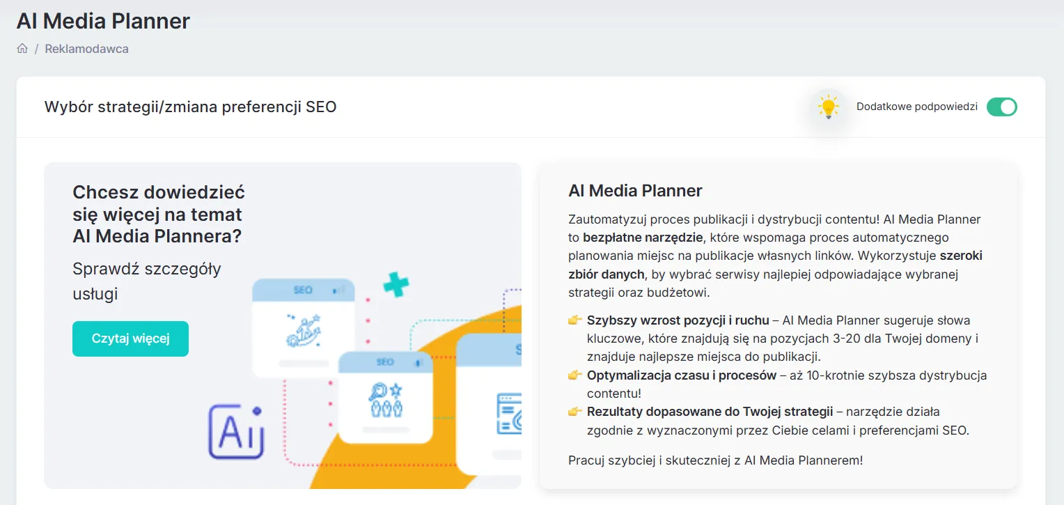 AI Media Planner - a free WhitePress tool that suggests portals tailored to the chosen SEO strategy based on client domain data. Description of the AI Media Planner tool in WhitePress for automated planning of link publication placements