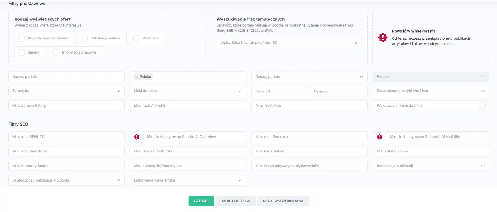 The WhitePress advanced portal search allows you to narrow down the catalog by price, topic, and metrics such as Domain Rating, Trust Flow, or Authority Score. Advanced portal search filter form in WhitePress with Domain Rating, Trust Flow, and Authority Score parameters, along with data from Ahrefs, Senuto, and Semrush