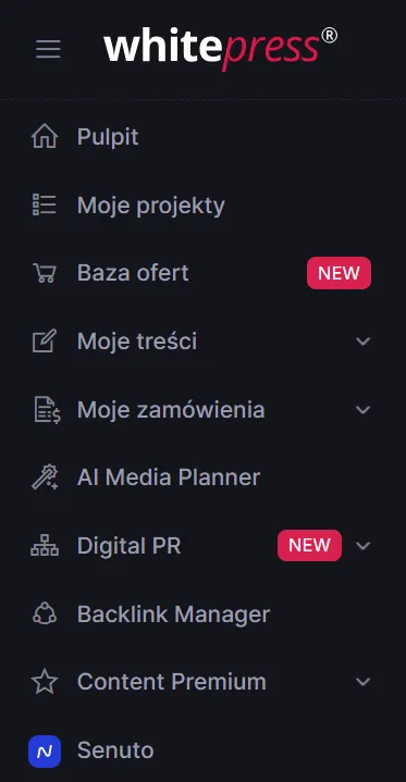 WhitePress dashboard menu - in addition to the marketplace and the Content Premium module, advertisers will also find the AI Media Planner, Digital PR, and Backlink Manager, complementing traditional link building. WhitePress dashboard navigation menu with modules: Marketplace, My Content, My Orders, AI Media Planner, Digital PR, Backlink Manager, and Content Premium