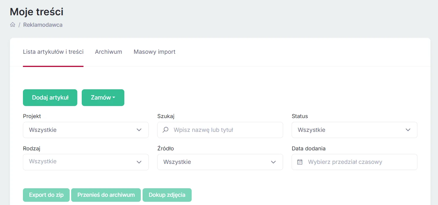 The "My Content" panel - this is where you manage all orders, filter them by project and status, and track their source. Panel